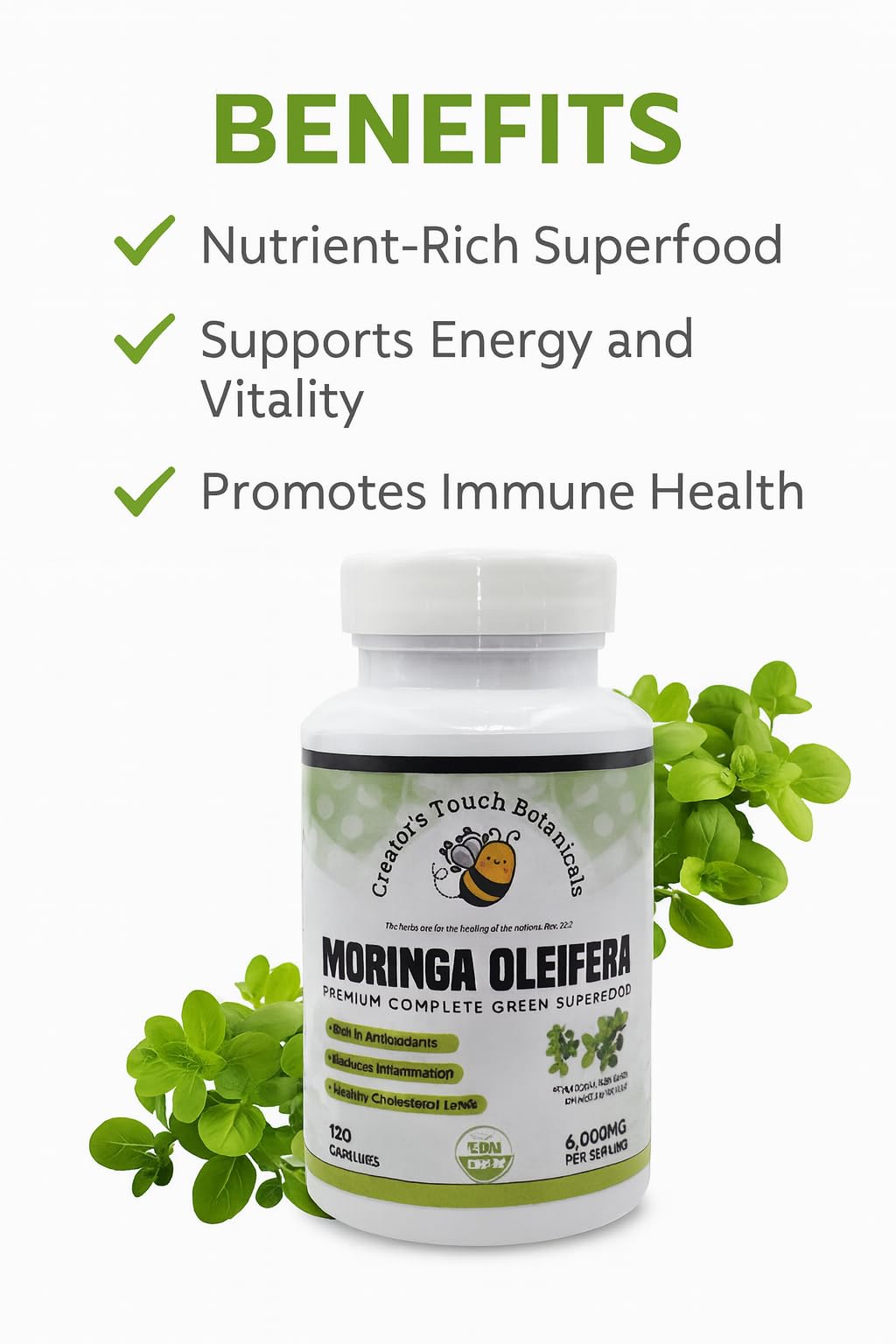 Creator's Touch Botanicals Moringa Oleifera Capsules – Nutrient-Rich Superfood – Supports Energy, Immune Health & Vitality – 1000mg per Serving – Non-GMO, Gluten-Free – 120 Veggie Capsules