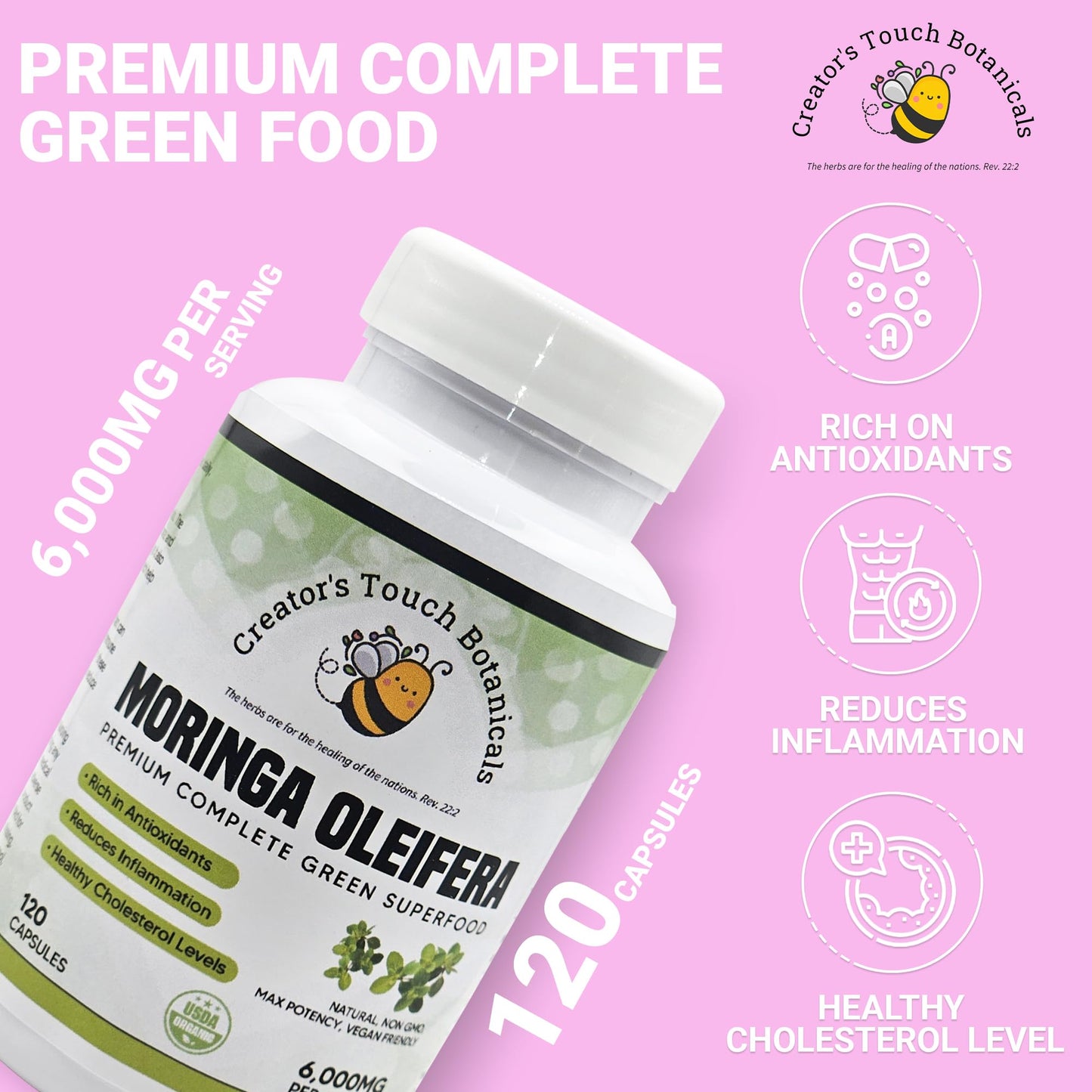 Creator's Touch Botanicals Moringa Oleifera Capsules – Nutrient-Rich Superfood – Supports Energy, Immune Health & Vitality – 1000mg per Serving – Non-GMO, Gluten-Free – 120 Veggie Capsules