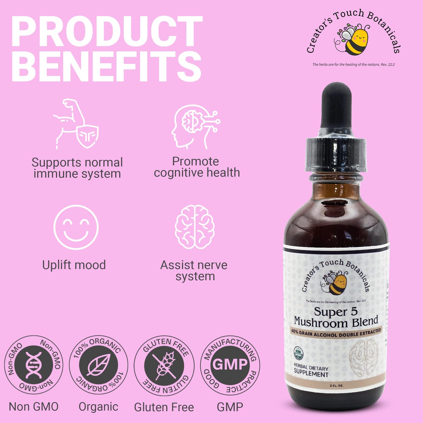 Super 5 Mushroom Blend – Double Extracted Tincture with Reishi, Turkey Tail, Lion’s Mane, Chaga & Maitake | 2 fl oz