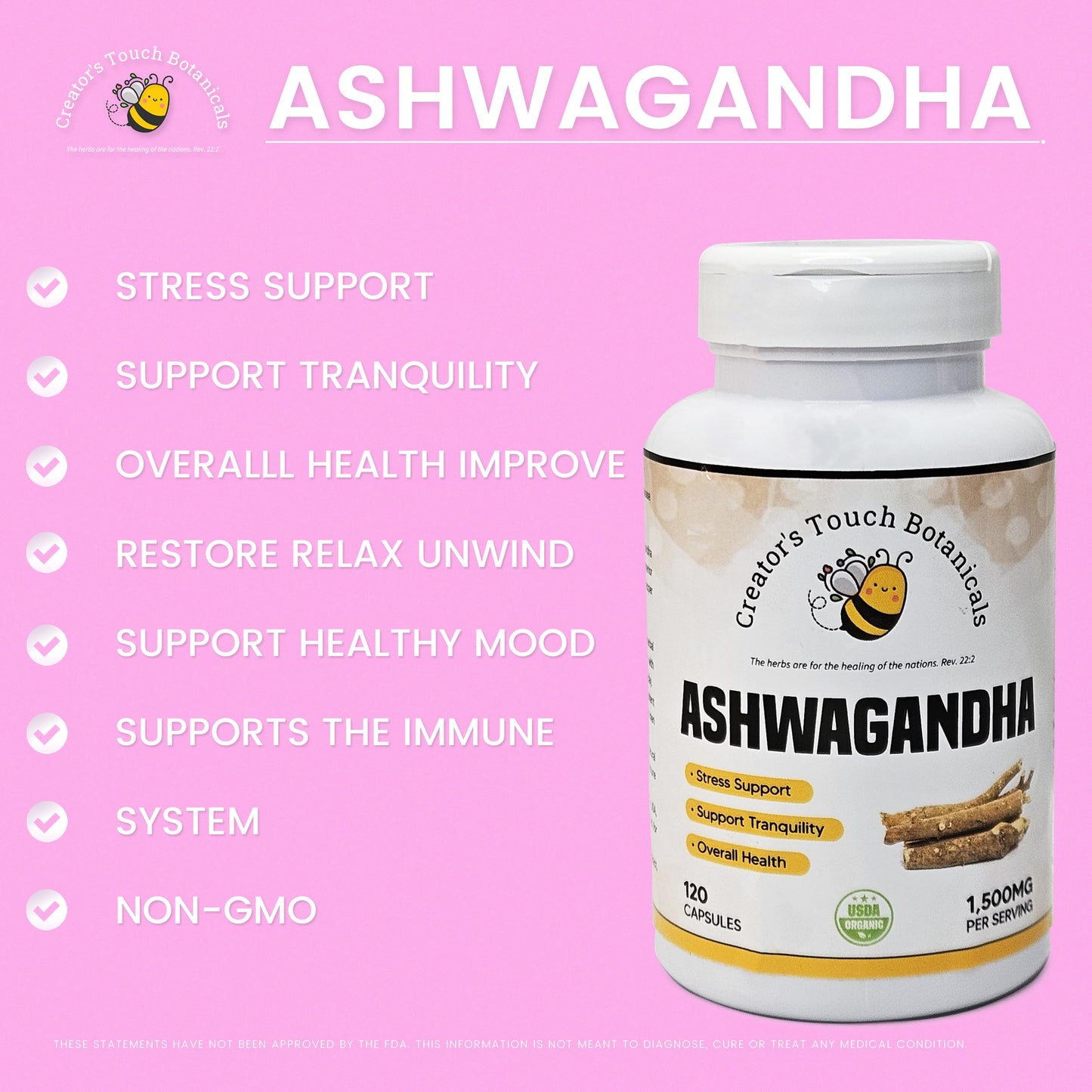 Creator's Touch Botanicals Ashwagandha Capsules, 1,500mg/ serv, 120 Count, 100% Pure, Non-GMO, Gluten Free