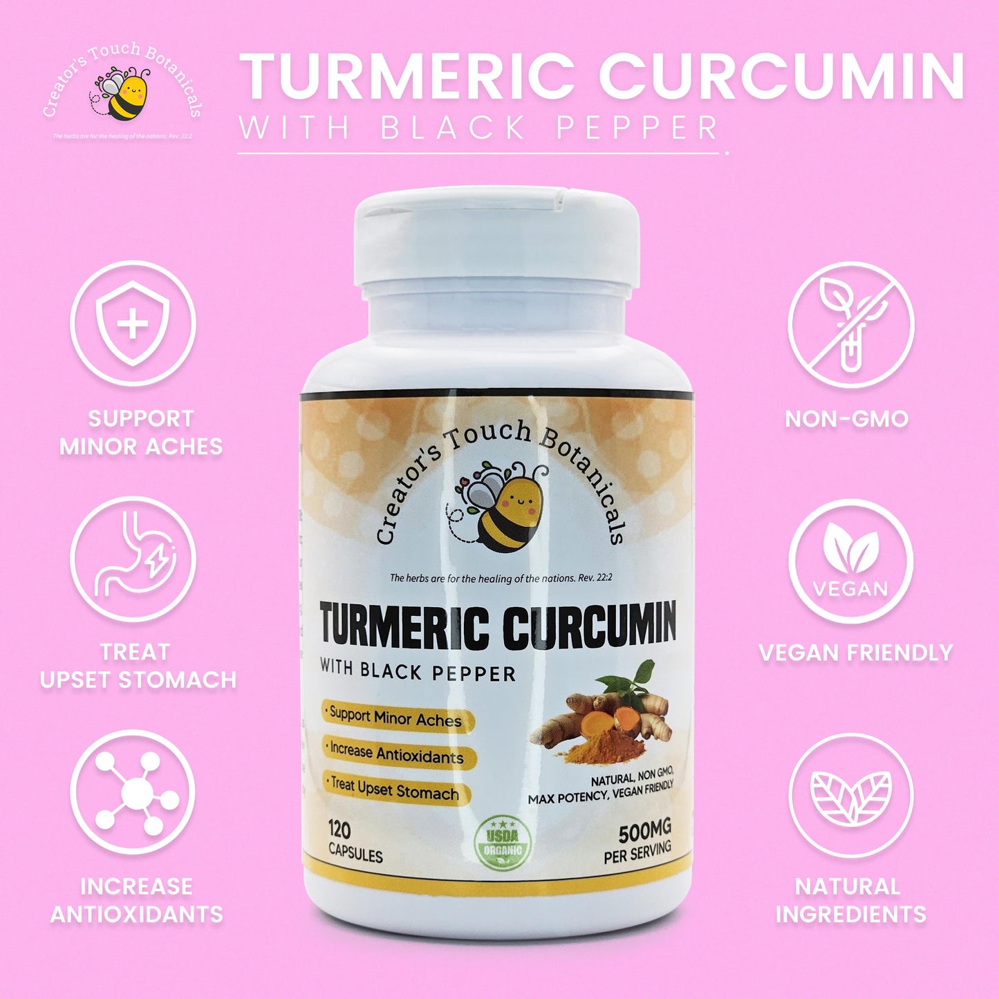 Creator's Touch Botanicals Turmeric Curcumin Supplement, 120 Vegetable Capsules, 100% Pure and Natural Turmeric Curcumin (Curcuma Longa)