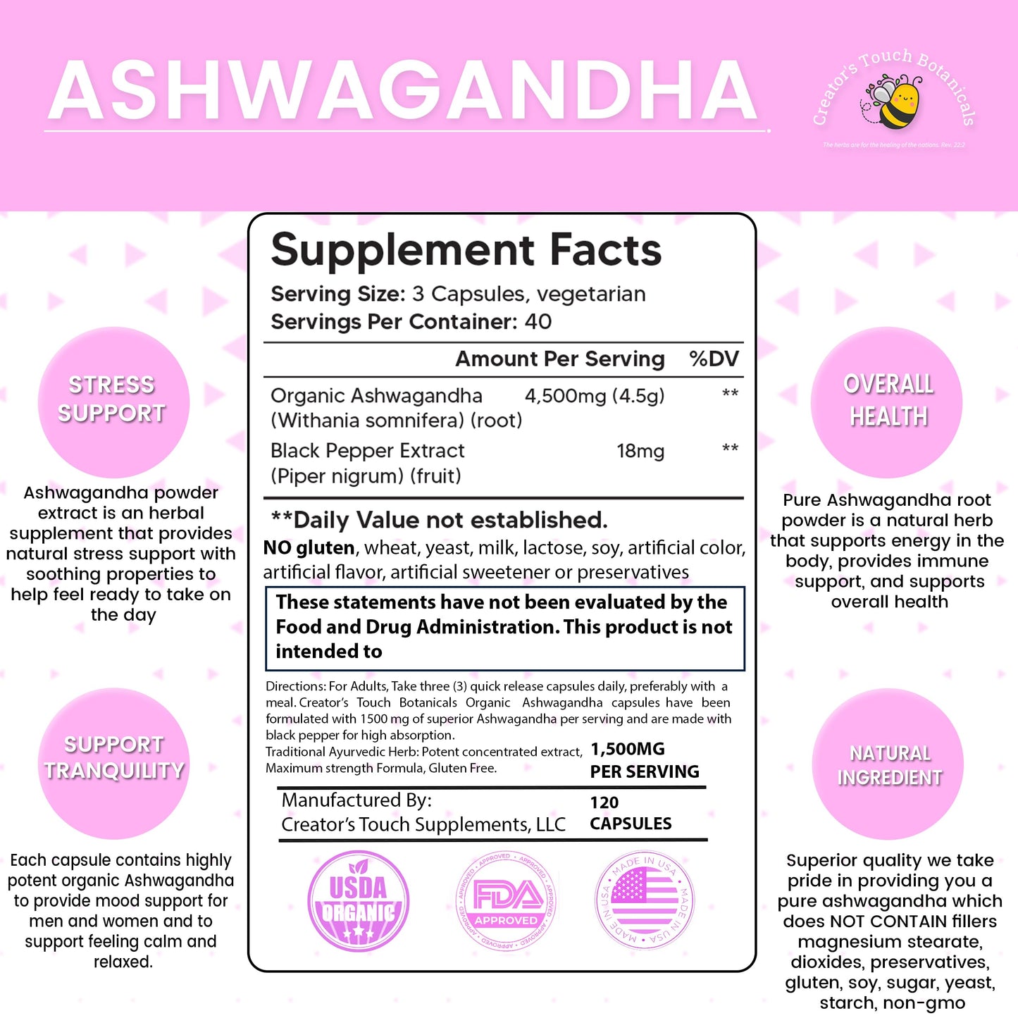 Creator's Touch Botanicals Ashwagandha Capsules, 1,500mg/ serv, 120 Count, 100% Pure, Non-GMO, Gluten Free