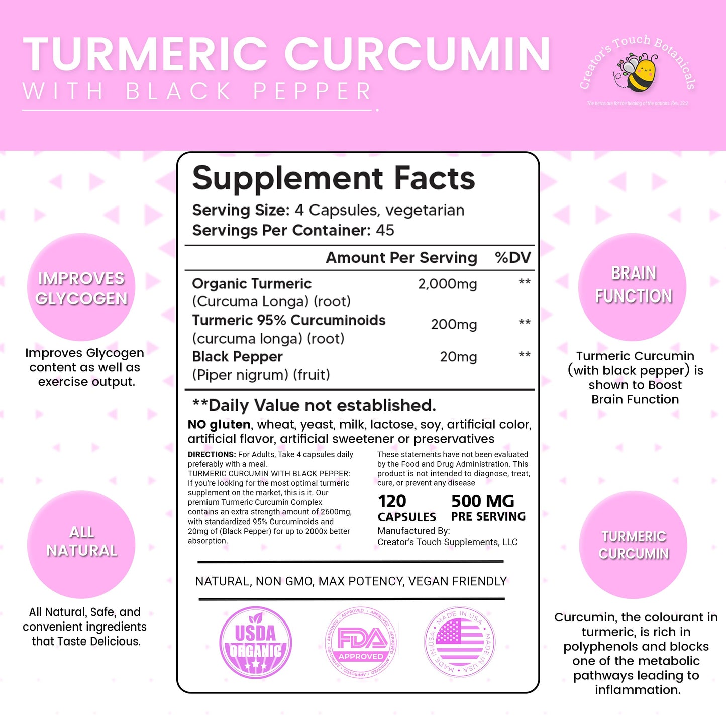Creator's Touch Botanicals Turmeric Curcumin Supplement, 120 Vegetable Capsules, 100% Pure and Natural Turmeric Curcumin (Curcuma Longa)