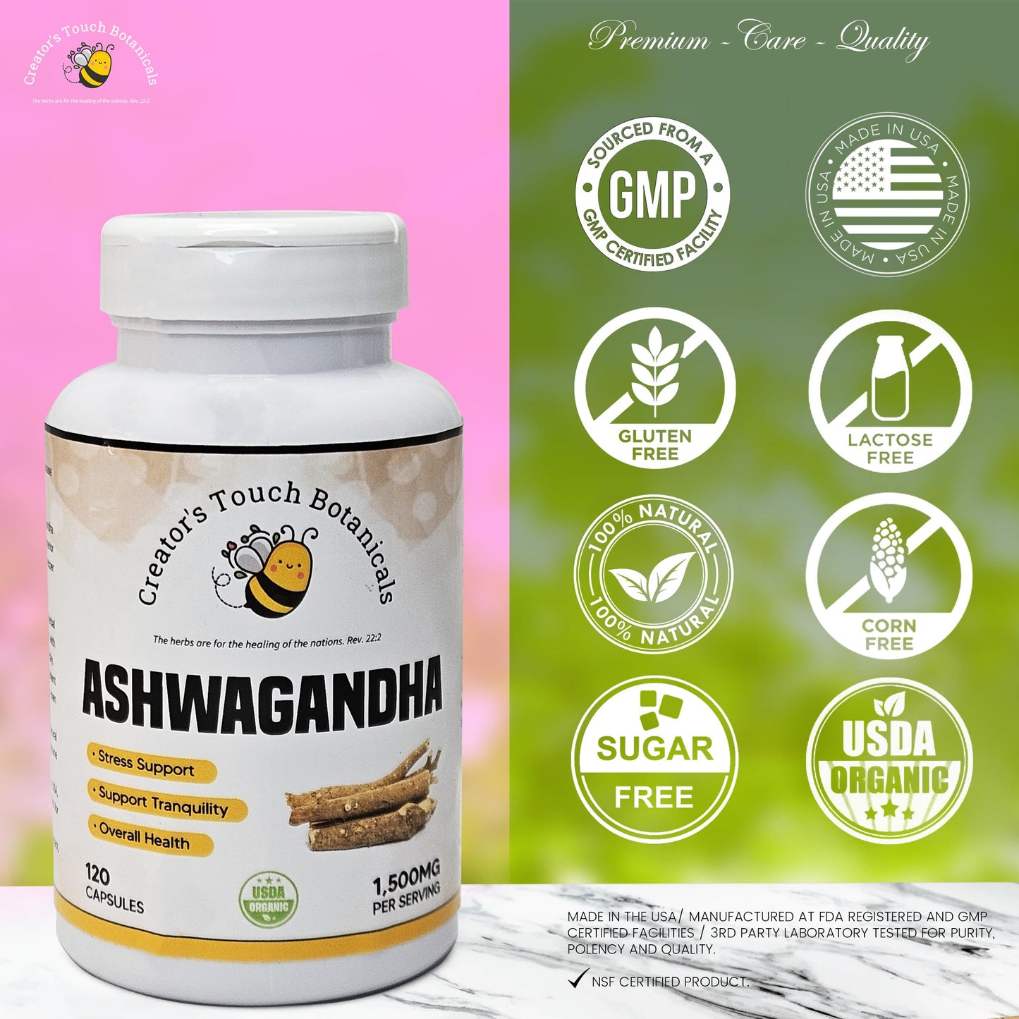 Creator's Touch Botanicals Ashwagandha Capsules, 1,500mg/ serv, 120 Count, 100% Pure, Non-GMO, Gluten Free