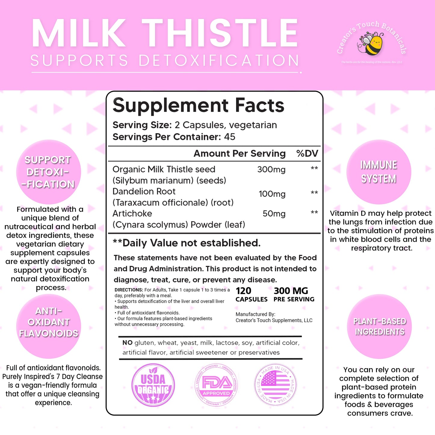 Creator's Touch Botanicals Milk Thistle, Dandelion Root & Artichoke Capsules – Liver Support & Detox Formula – 120 Veggie Capsules – Non-GMO, Gluten-Free, Herbal Supplement
