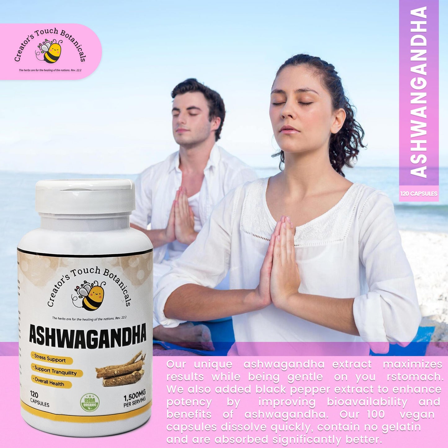 Creator's Touch Botanicals Ashwagandha Capsules, 1,500mg/ serv, 120 Count, 100% Pure, Non-GMO, Gluten Free
