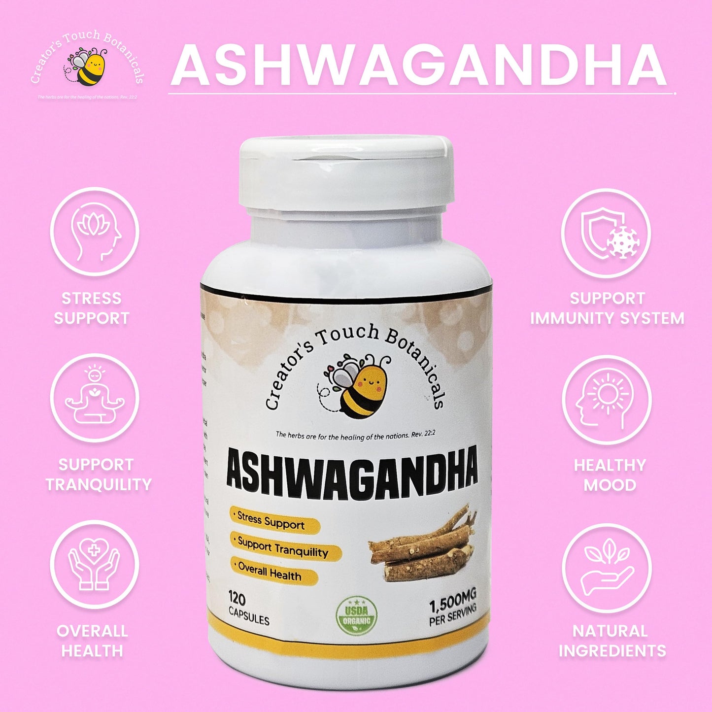 Creator's Touch Botanicals Ashwagandha Capsules, 1,500mg/ serv, 120 Count, 100% Pure, Non-GMO, Gluten Free