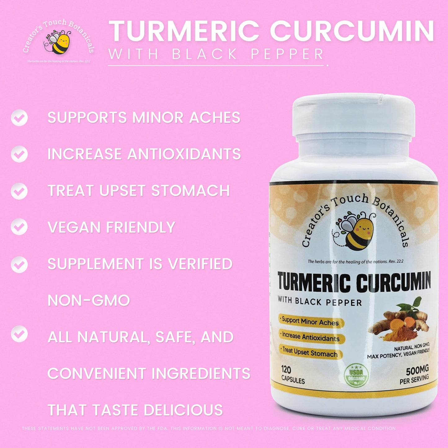 Creator's Touch Botanicals Turmeric Curcumin Supplement, 120 Vegetable Capsules, 100% Pure and Natural Turmeric Curcumin (Curcuma Longa)