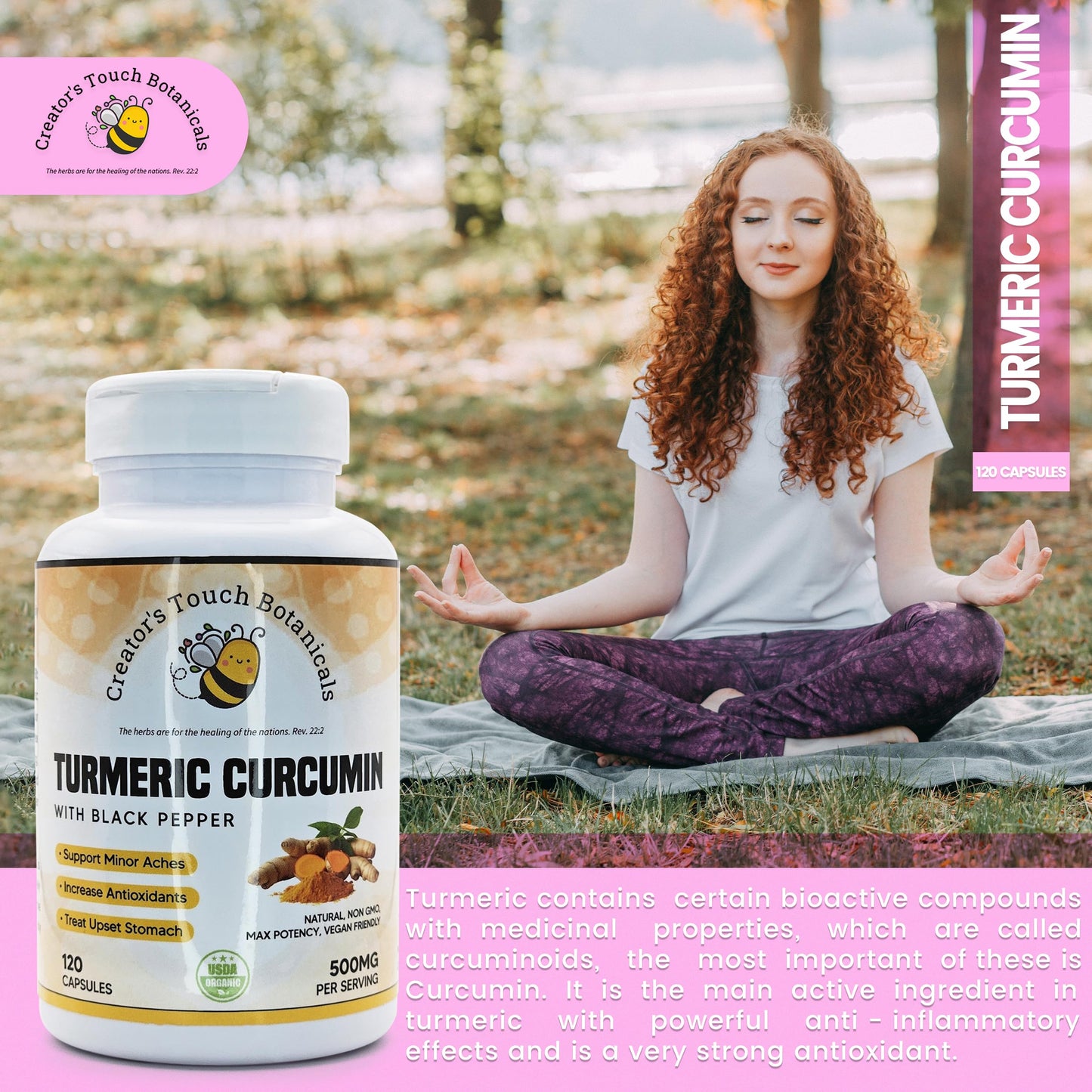 Creator's Touch Botanicals Turmeric Curcumin Supplement, 120 Vegetable Capsules, 100% Pure and Natural Turmeric Curcumin (Curcuma Longa)