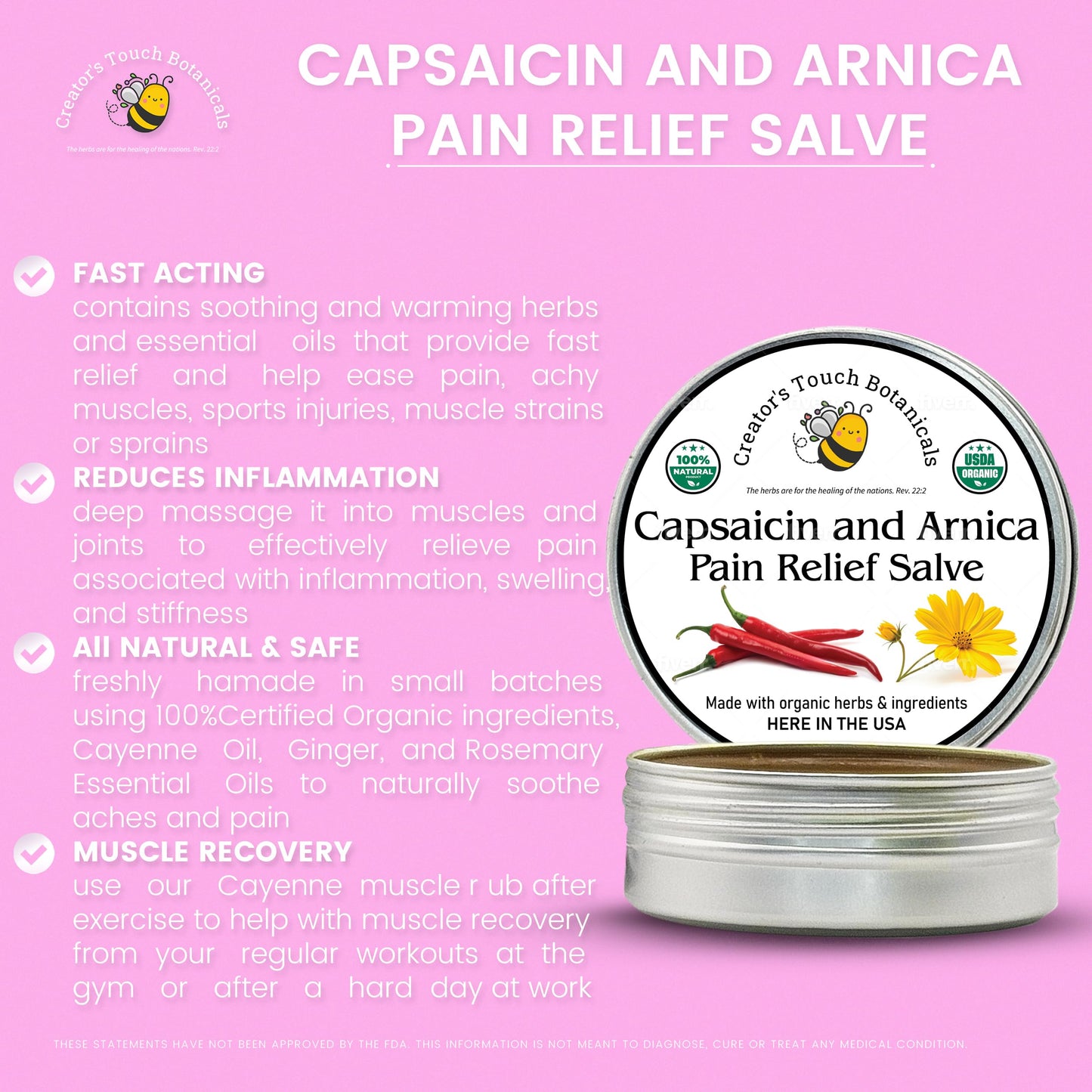 Cayenne (Capsaicin) & Arnica Salve – Warming Herbal Cream for Back, Joints & Inflammation | 2oz or 4oz Tin