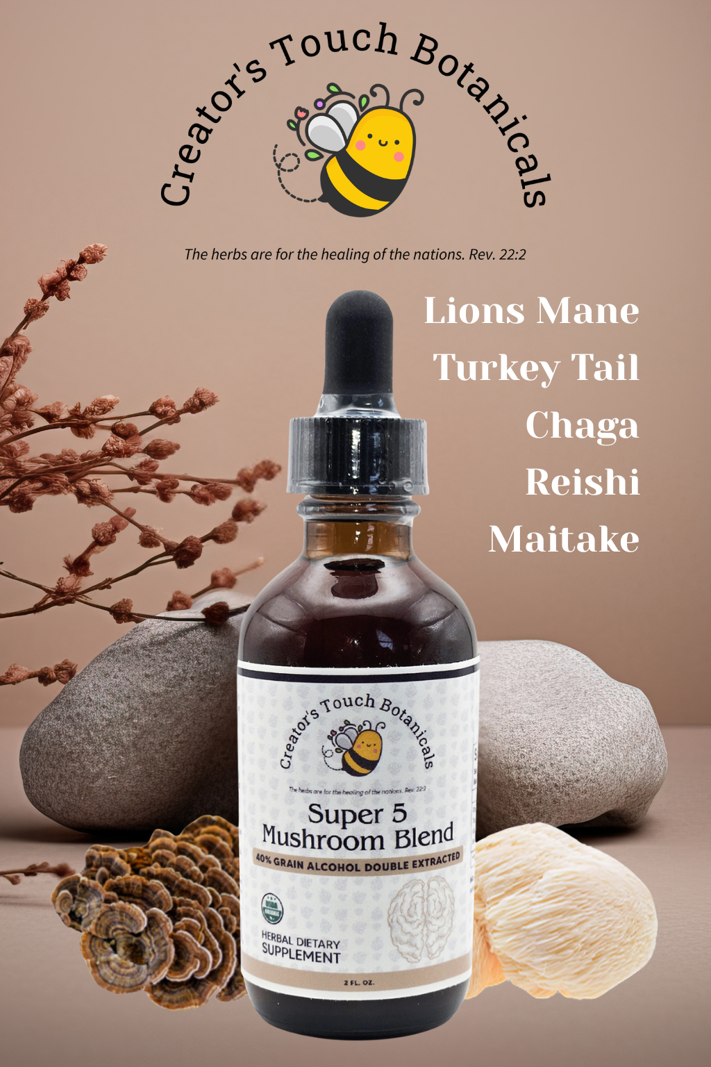 Super 5 Mushroom Blend – Double Extracted Tincture with Reishi, Turkey Tail, Lion’s Mane, Chaga & Maitake | 2 fl oz
