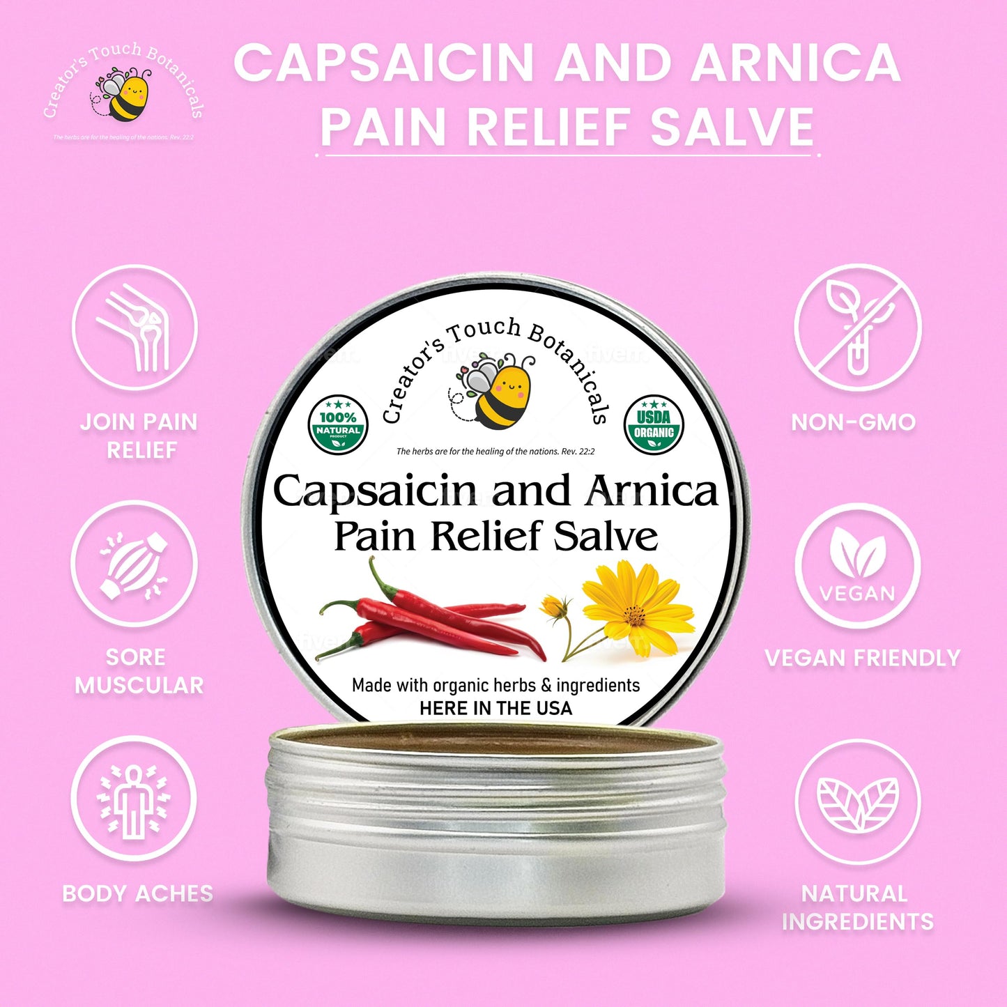 Cayenne (Capsaicin) & Arnica Salve – Warming Herbal Cream for Back, Joints & Inflammation | 2oz or 4oz Tin